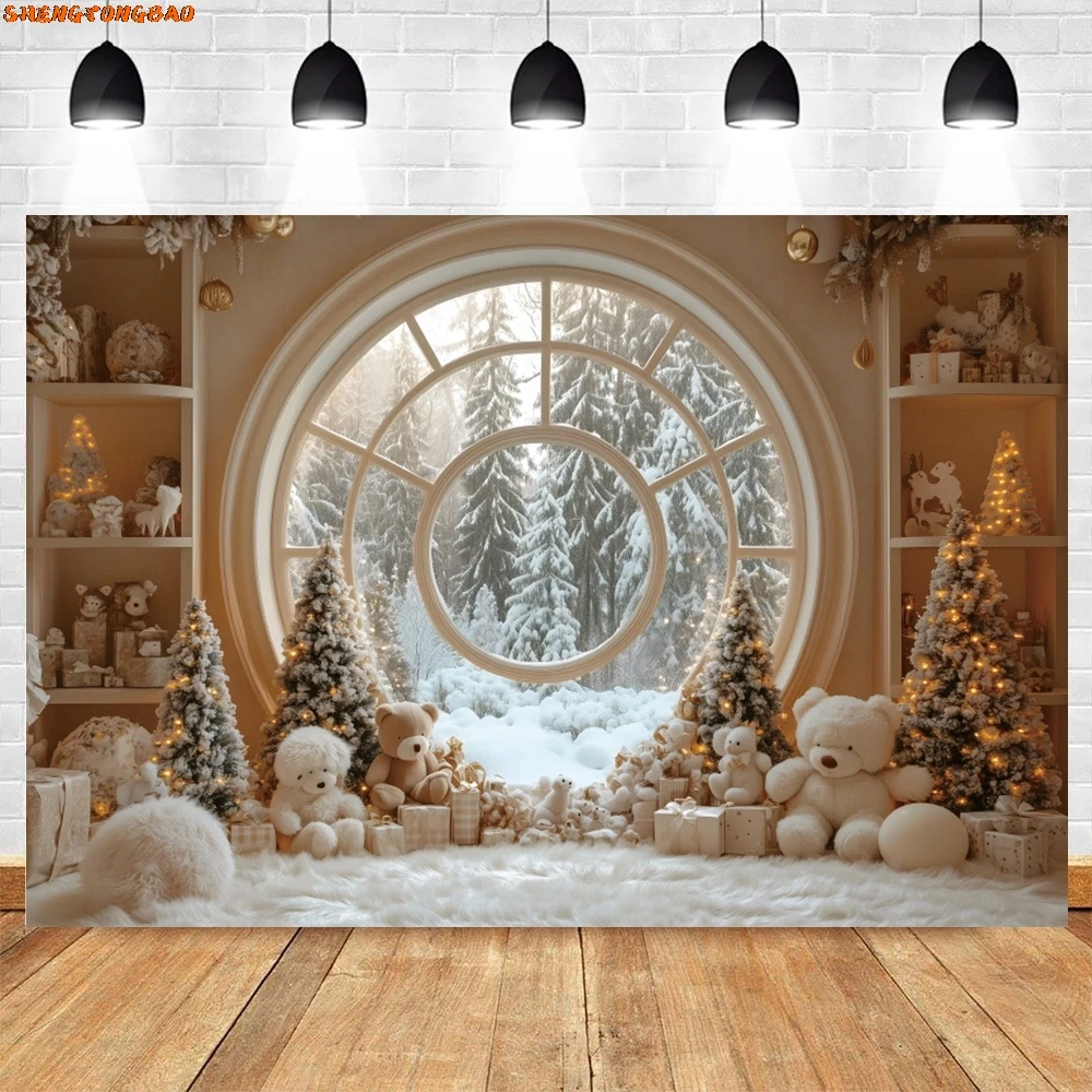 ฉากหลังคริสต์มาสของเล่นหมีตู้ภายในหน้าต่างของขวัญหิมะฤดูหนาวเด็กทารก Portrait Xmas Party การถ่ายภาพพื้นหลัง