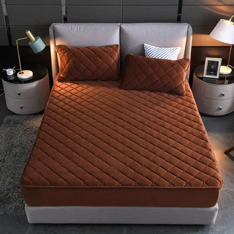 

Warm Thicken Coral Fleece Quilted Fitted Sheet Winter Plush King Double Size Customized Mattress Cover Not Including Pillowcase