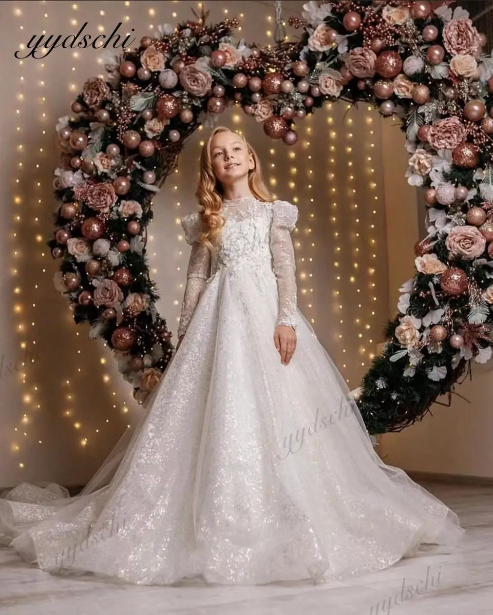 

Gorgeous Flower Girls Dresses For Wedding 2023 Princess Long Sleeves Sequined Appliques Kids Birthday Party First Communion Gown