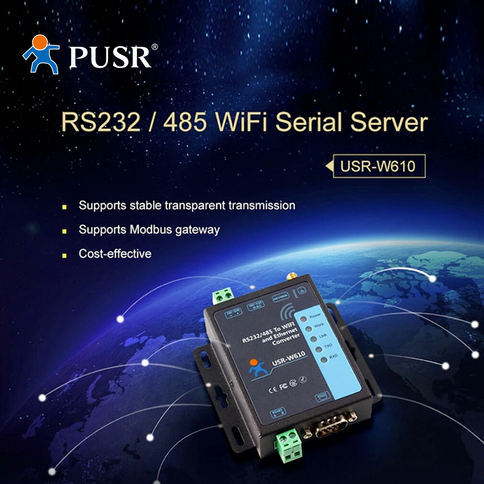 USR-W610 산업용 RS232 RS485 시리얼-와이파이 이더넷 컨버터 모드버스 RTU- TCP 게이트웨이 와이파이-이더넷 서버