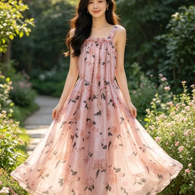 Ultra Thin Smooth Silky Printed Suspender Skirt Soft Glossy Plus Size Sissy Sleeveles Large Swing Dress Vacation Couple