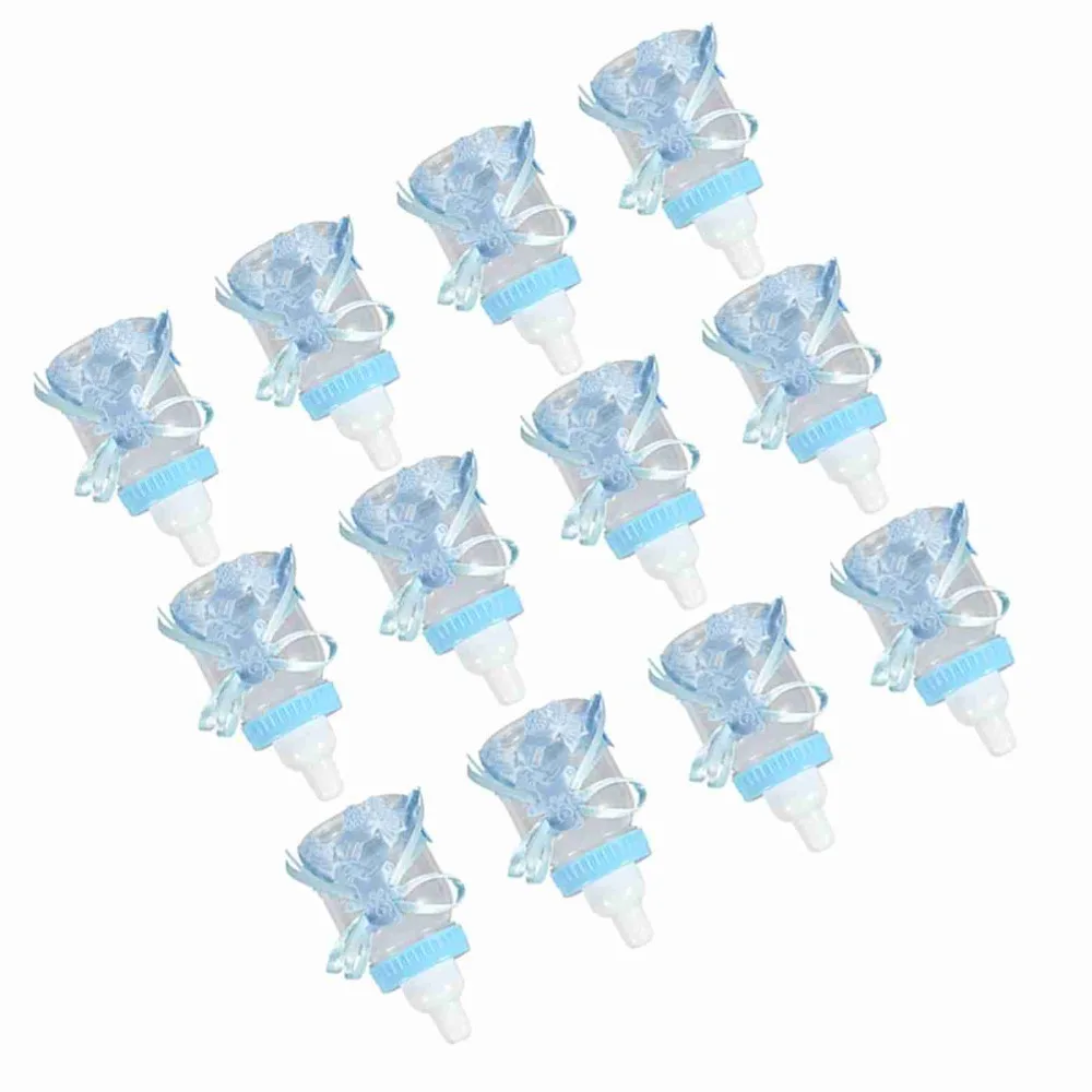 

12pcs Mini Candy Chocolate Bottles With Ribbons Plastic Milk Bottles Multifunction Blue Candy Present Bottles Home Party Decor