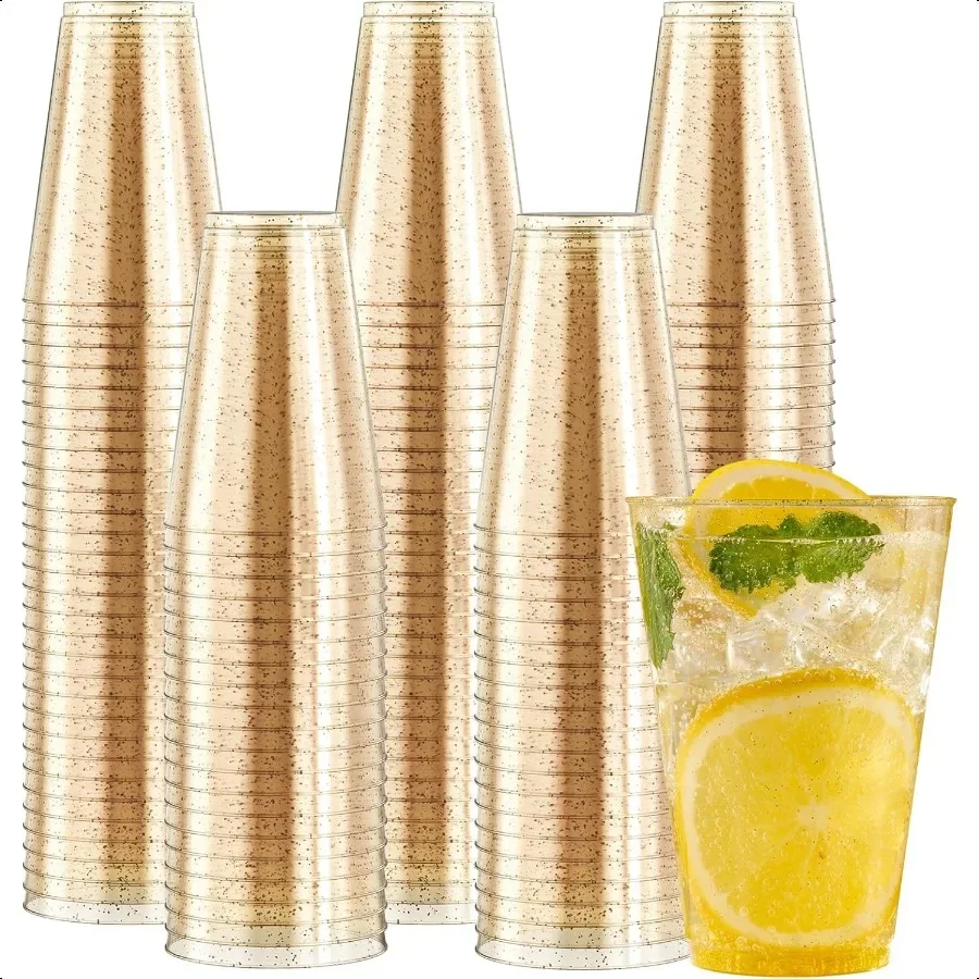 

200 Pack 14 oz Gold Plastic Cups HeavyDuty Gold Glitter Wedding Party Party Cups Tumblers
