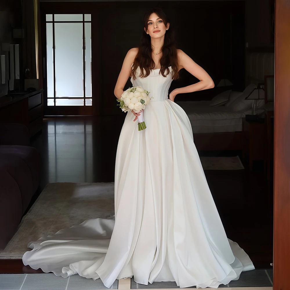 

Stunning Strapless Neckline Satin Wedding Gown Customized A-Line Back Zipper Bridal Dress For Wedding robe de mariée