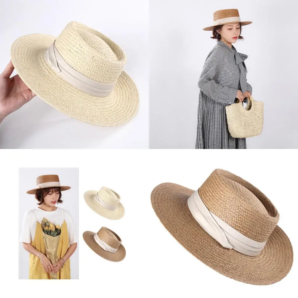 R1WE المرأة الصيف المنسوجة القش النطاقات قبعة الشمس عطلة عطلة شقة واسعة حافة واقية من الشمس عادية في الهواء الطلق قابل للتعديل