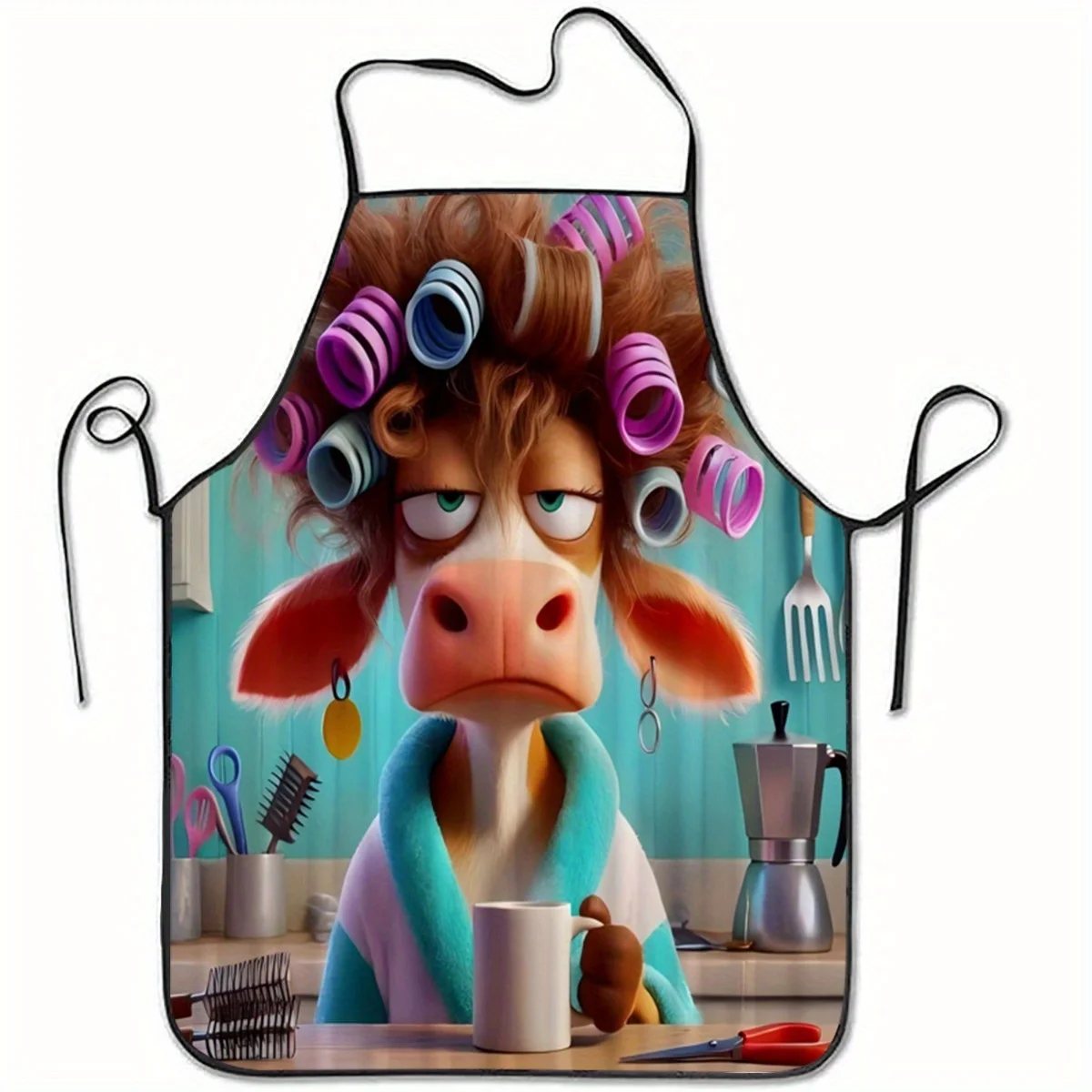 1pc Funny Cow with Curlers in Kitchen Apron Humorous Cartoon Design, Durable Polyester Adjustable Neck Strap Waist Ties