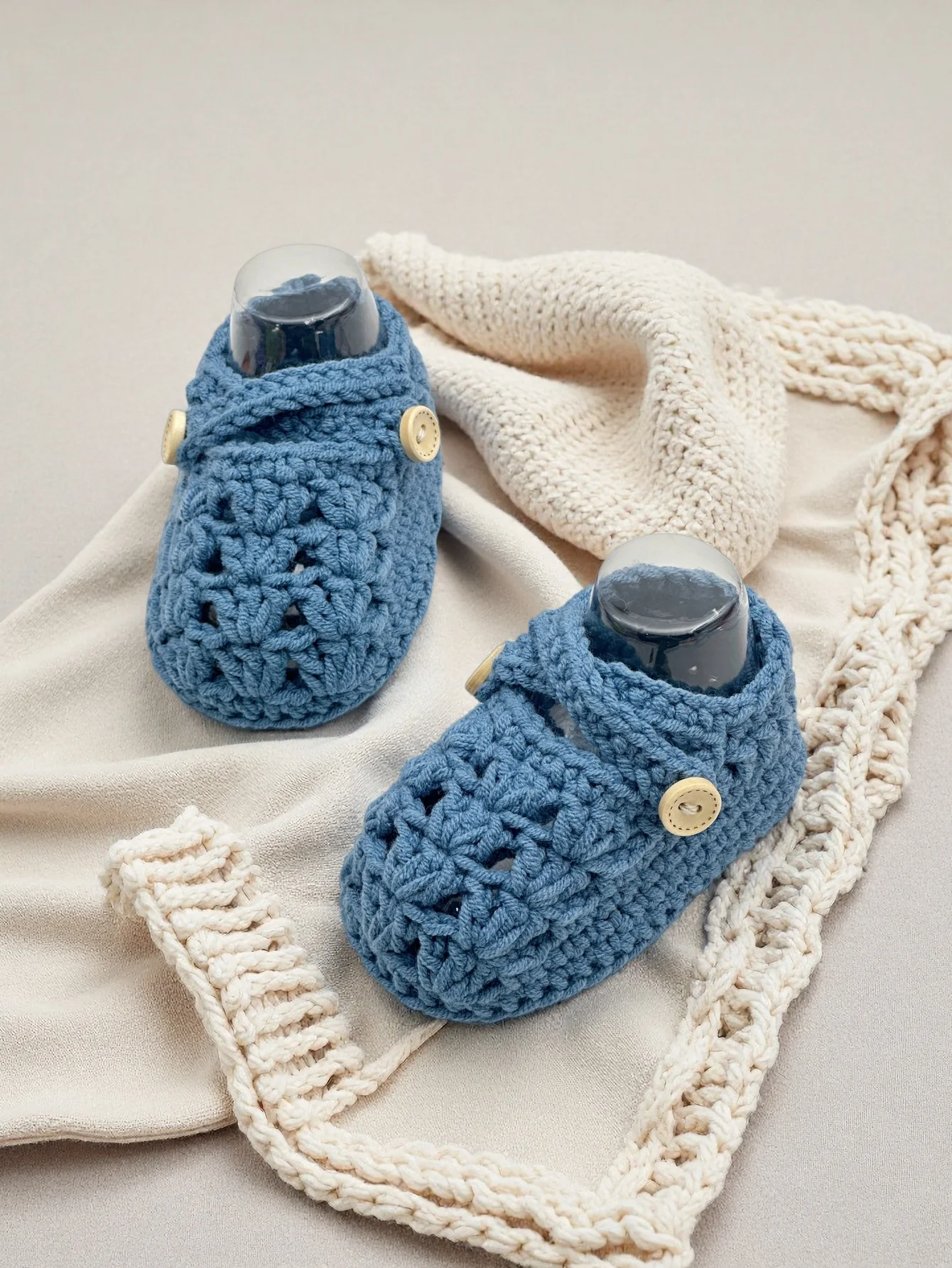 

1 Pair Handmade Crochet Baby Booties, Soft Knit Newborn Shoes with Wooden Button Detail