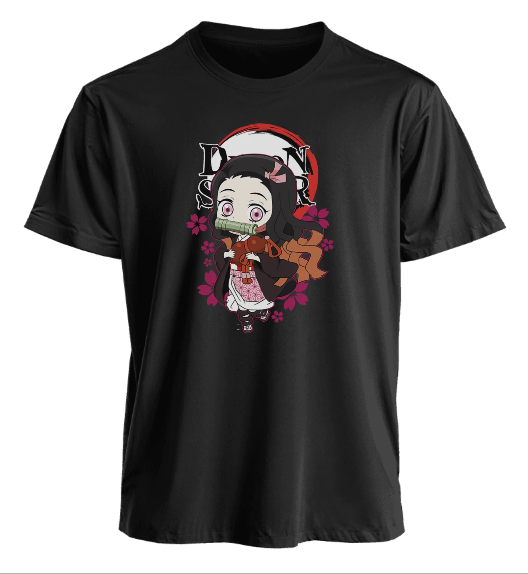Camiseta Demon Slayer Kimetsu No Yaiba Nezuko Kamado con bozal de bambú y flores de cerezo rosa, lindo estilo anime japonés