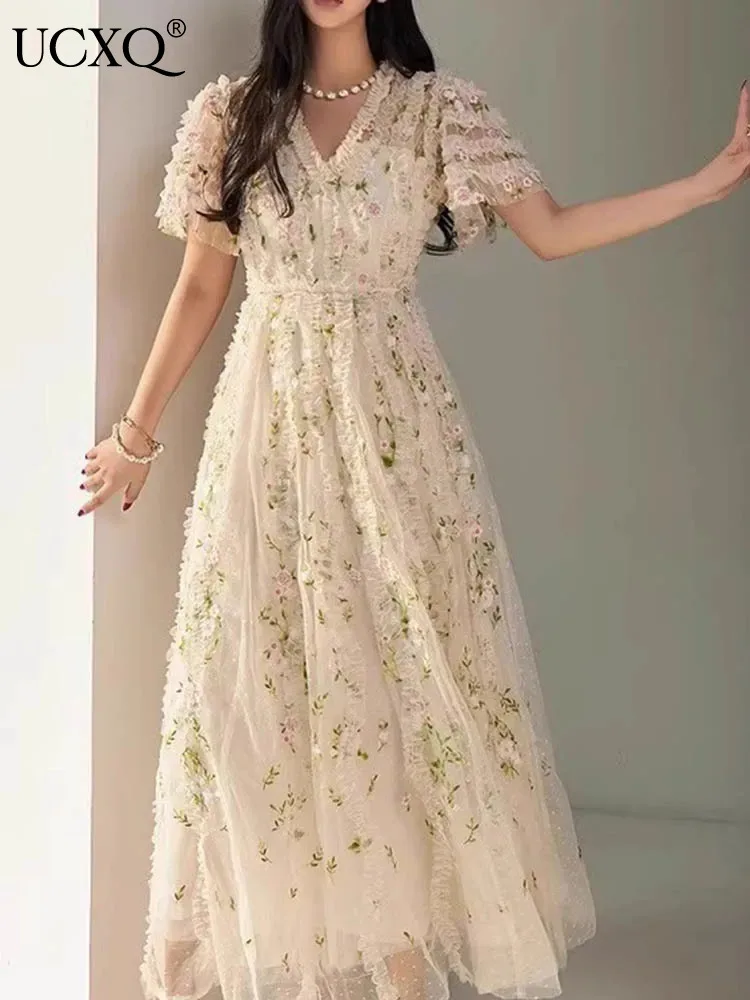 

UCXQ Fairy Style Embroidered Flower V-neck Ruffled Edge Mesh Dress Elegant Pleated Long Dresses Women 2024 Spring Summer 23A7898