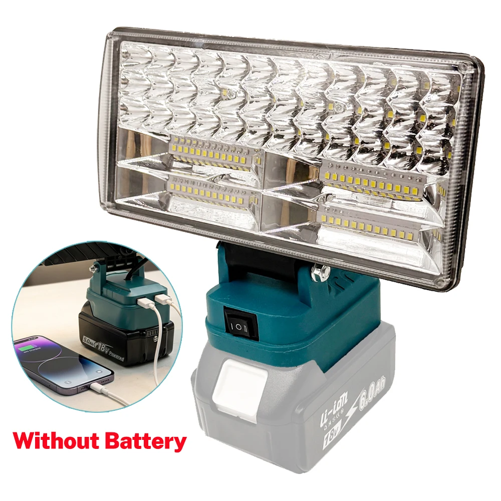 Image of Kabellose LED-Arbeitsleuchte für Makita 18V Li-Ionen-Akku Flutlicht mit 2 USB-Anschlüssen Tragbare LED-Taschenlampe für Bauarbeiten