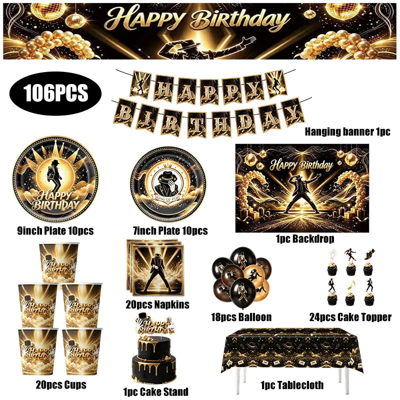 Michael Jackson-Themen-Geburtstagsparty-Dekorationen, Tischgeschirr-Set, Teller, Becher, Servietten, Popcorn-Boxen, Souvenirs, Gastgeschenke, Zubehör, Geschenke – Detail 6