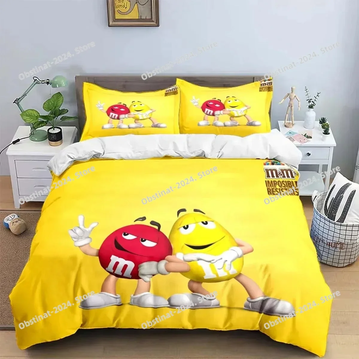 Fashion M&M Chocolate Bean Printed Bedding Sets Exquisite Bed Supplies Set Duvet Cover Bed Comforter Set Bedding Set Luxury Gift