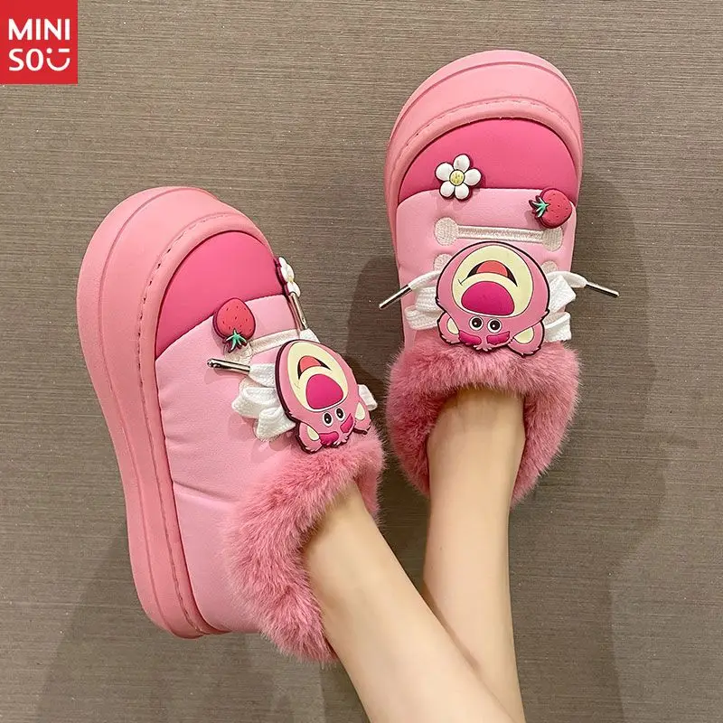 

Miniso Pink Girly Heart Cute Bear Plush Slippers Women, Winter Outdoor Fleece Warm Waterproof Anti-Slip Closed Back