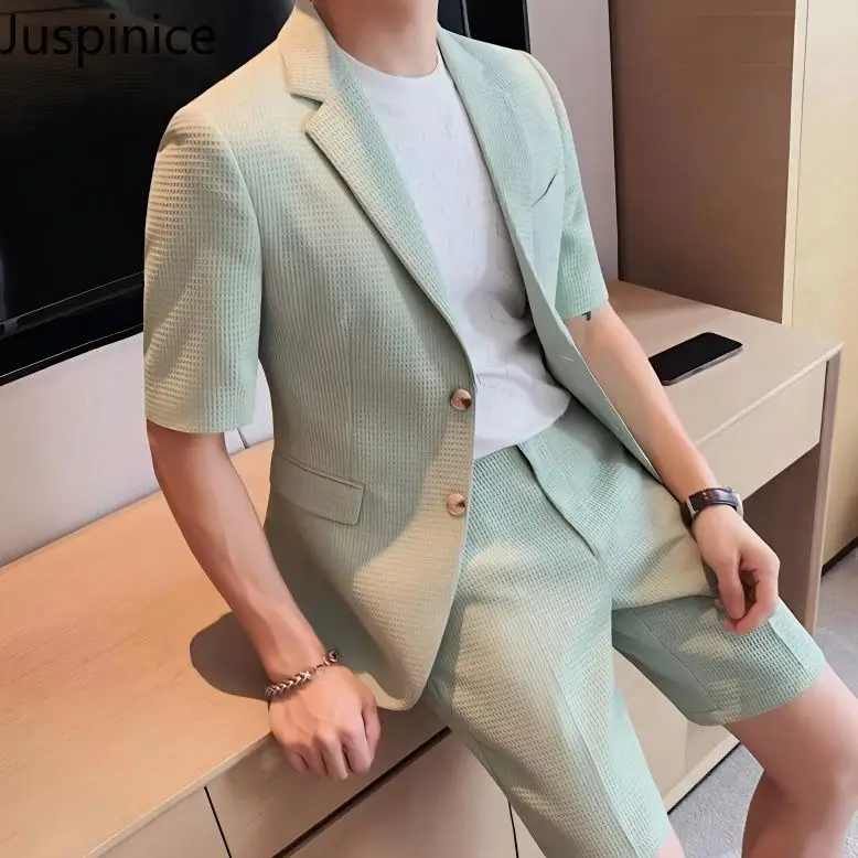 

Summer Solid Short-sleeved Suit Jackets Shorts Set Men's British Style Handsome Business Casual Loose Blazers Five-quarter Pants