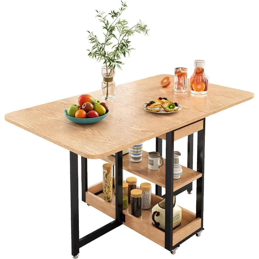 Solid Wood Folding Dining Table, 3-in-1 Multifunctional Extendable Desk with 4 Lockable Wheels, Compact Table for Kitchen Dinin