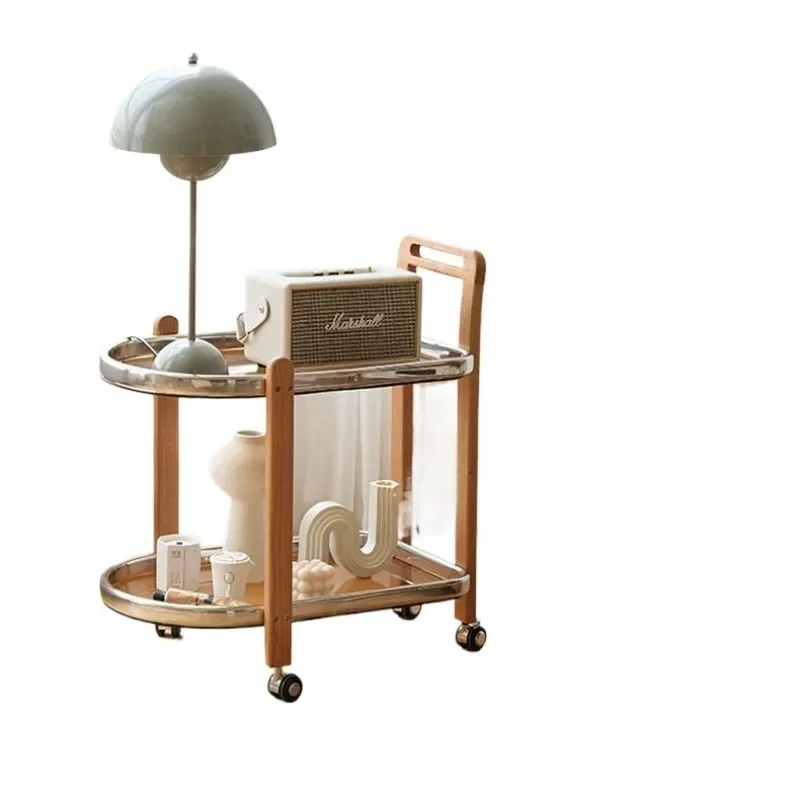 

Solid wood trolley movable side storage rack simple glass dining car designer