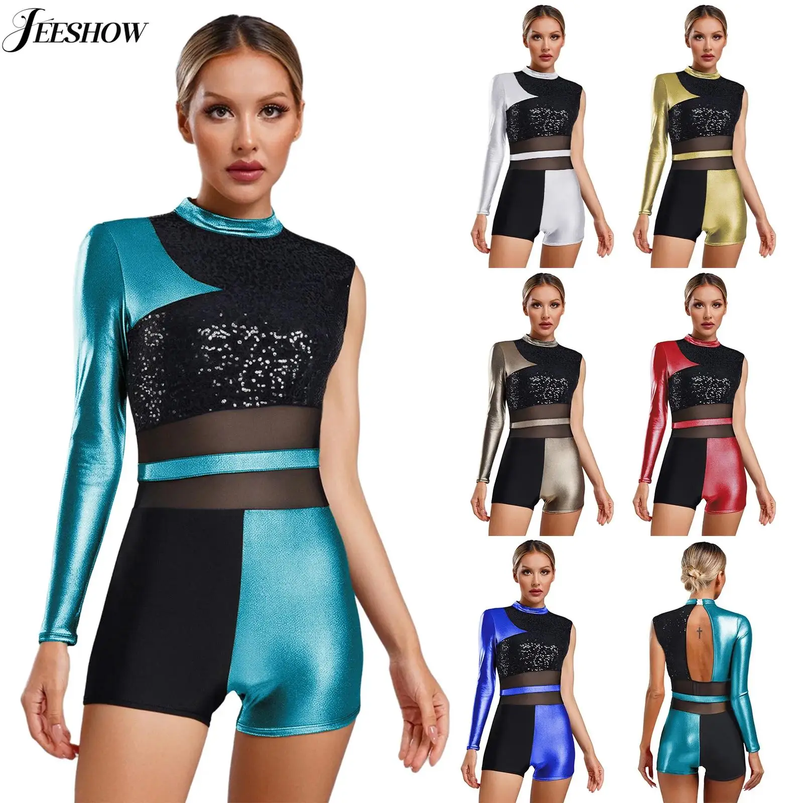 レディースカラーブロックジャズラテンダンス衣装スパンコールメッシュパッチワークシングルスリーブレオタード社交ダンスパフォーマンス衣装