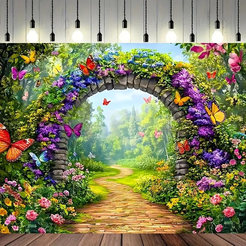 Butterfly Garden Path Polyester-Fotohintergrund – Blumenbogen-Fotohintergrund in natürlicher Szene – 1-teilig, Party