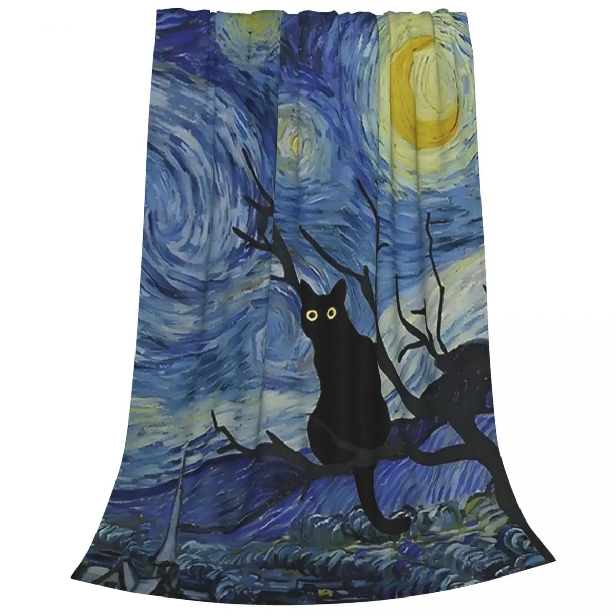 Cat Print Starry Night Vincent Van Gogh Black Blankets Fleece Sofa Throw Blankets For Home Bedroom Travel Throws Bedspread Quilt