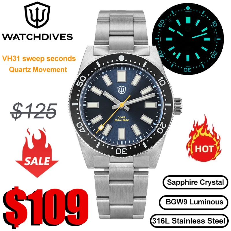 Watchdives WD1965 62mas Watch Men VH31 Quartz Movement Luminous Domed Sapphire Crystal 20Bar Waterproof 38mm Vintage Watches