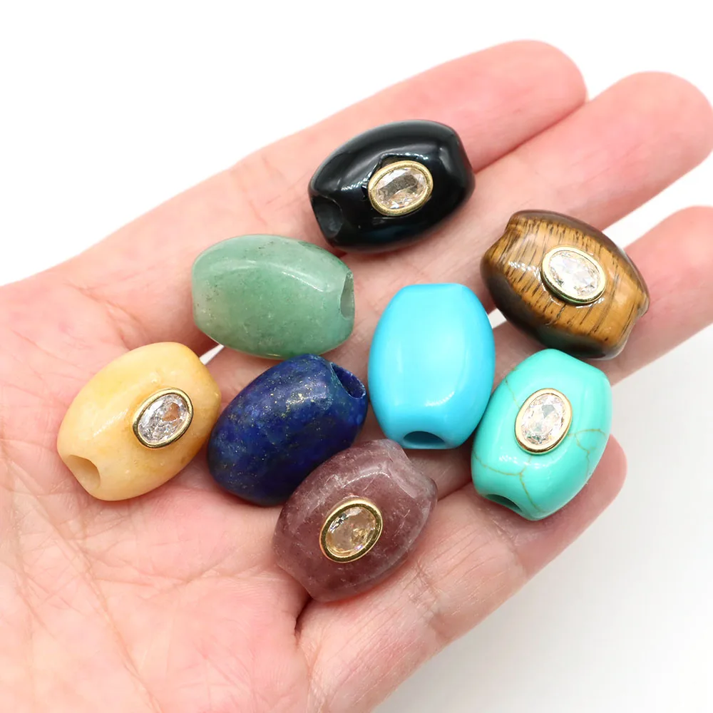 Barrel Shape Natural Stone Beads Inlaid Zircon Big Hole Loose Spacer Bead For Diy Jewelry Accessories 20x15mm