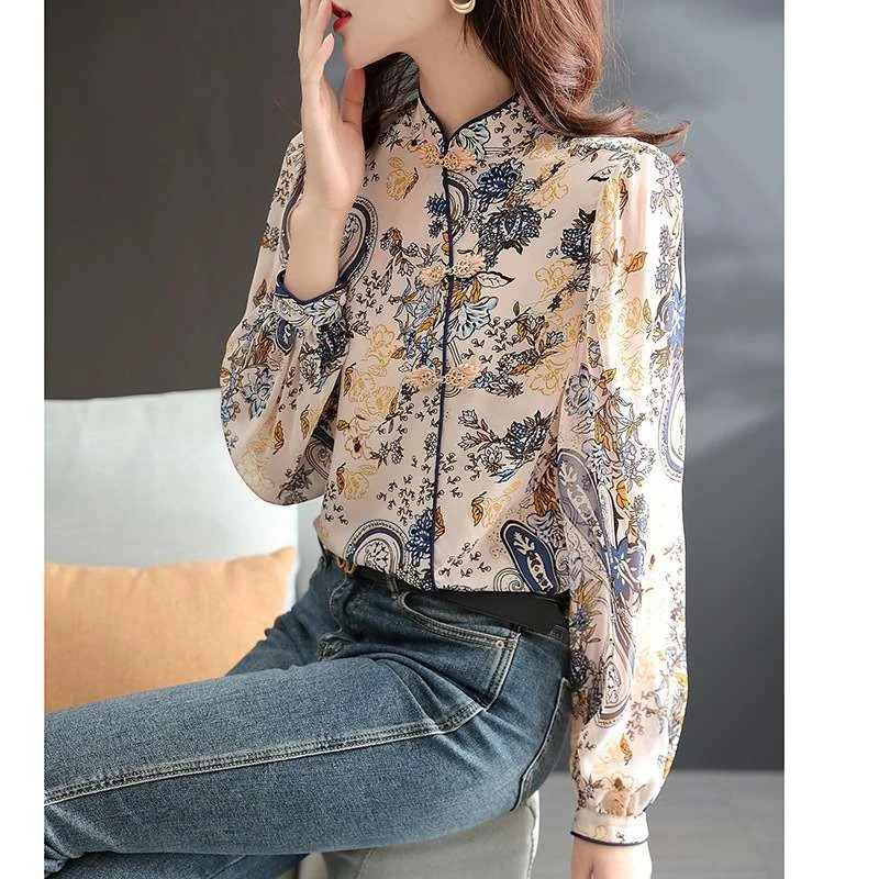 

Женская длинная шелковая рубашка Ele Retro, новая весенняя модель, тонкая, из полиэфирного волокна, с воротником-стойкой, в стиле Cleanfit