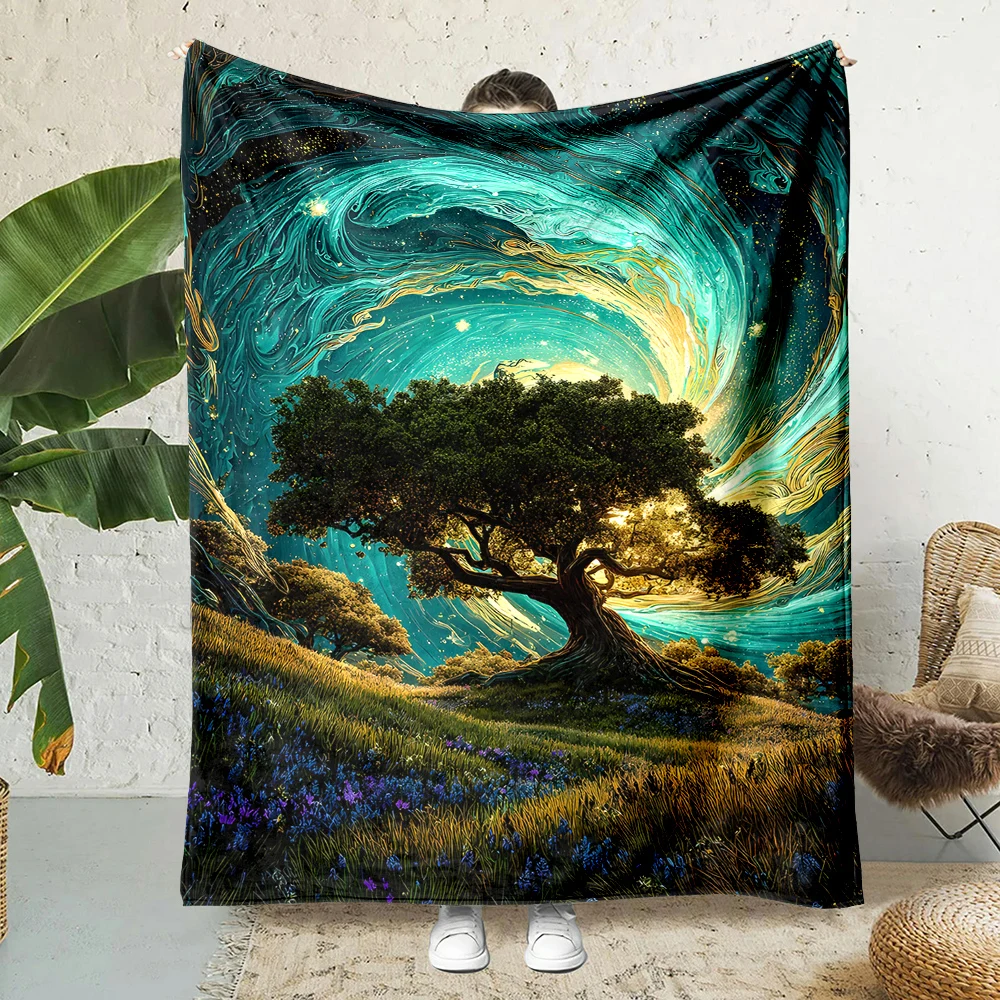 Swirling stars ancient tree meadow glow Print Blanket Warm Soft Fluffy Kids and Adult Sofa Bed Throw Outdoor Travel Camping RV