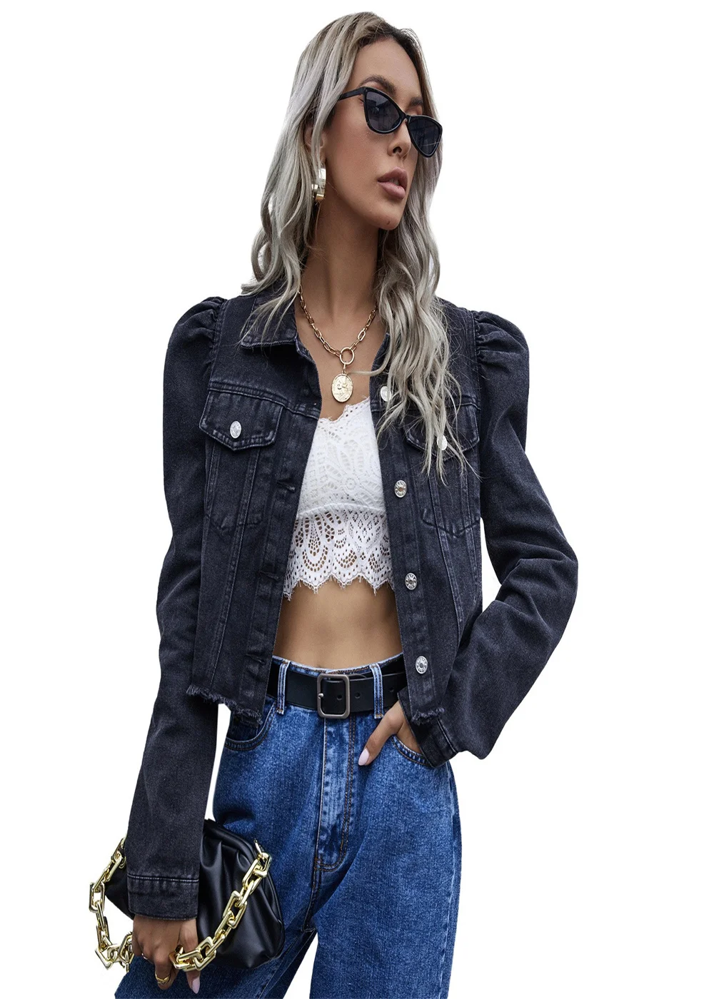 Spring and autumn fashion court style lapel denim casual short jacket