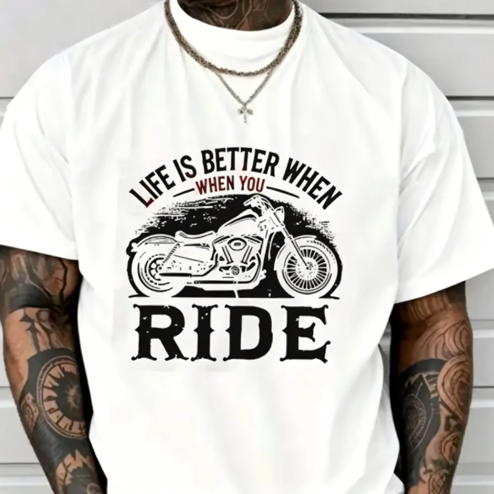 2026 New Hot Sale Men Vintage Biker Graphic Tee Life Is Better When You Ride Motorcycle Letter Print Short Sleeve Casual Tops
