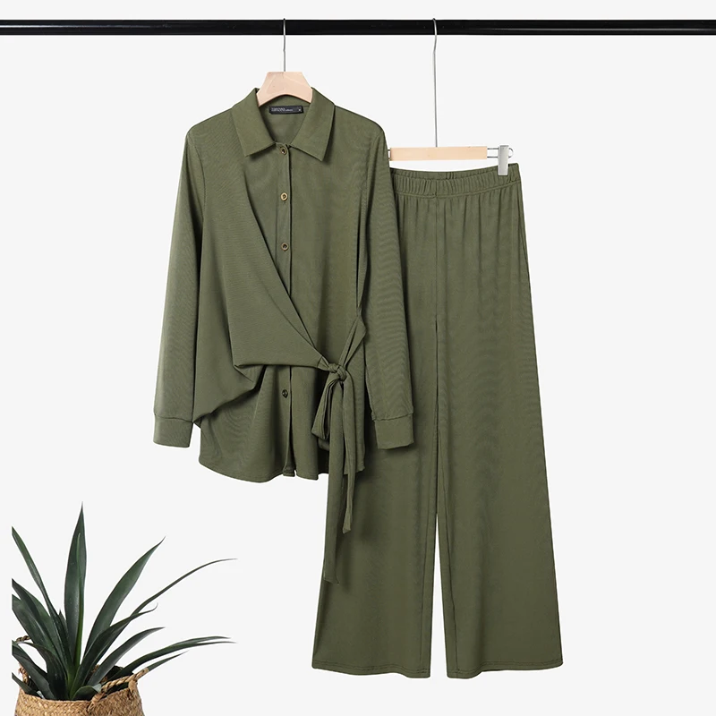 ZANZEA Damen Herbstmode-Hosensets 2026 Frühling Plissierte 2-teilige Langarm-Oberteile und Freizeithosen mit elastischem Bund Elegante Outfits
