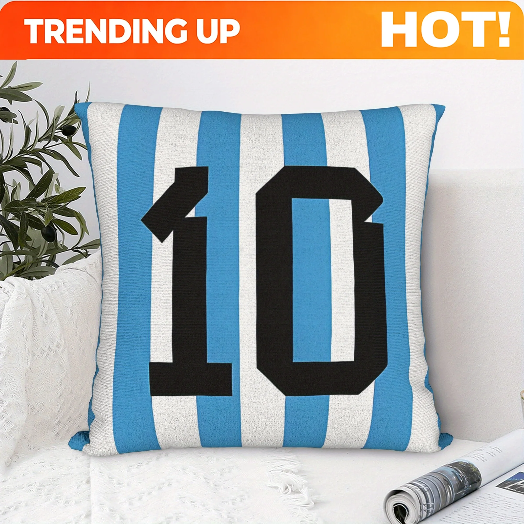 Customize 1pc BIIHUDU Number 10 Jersey Pillow - Blue & White Striped Soccer Fan Gift with Black Number 10, Zippered Cover for So