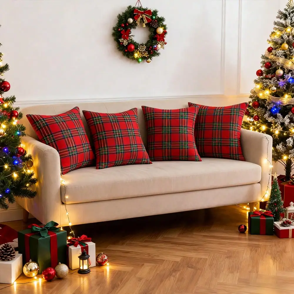 4-Pack Classic Christmas Plaid Cushion Cover, 17.72*17.72in Polyester Cushion Cover, Festive Red Plaid Design, Suitable For Christmas, Everyday, Sofa, Bed, Car And Home Decoration (Pillow Core Not Included)