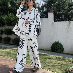 Women Pant Sets Suit Print Turn Down Collar Long Sleeve Matching Sets Casual Shirt Waist Lace Up High Waist Wide Leg Pant