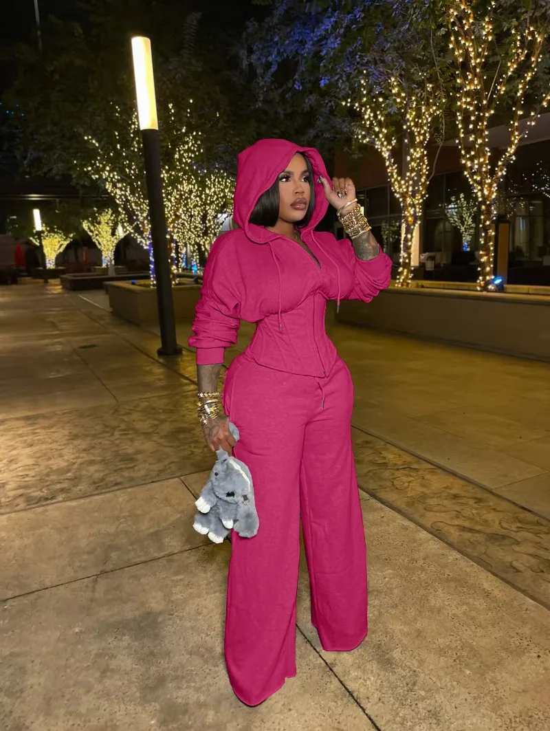 Moda 2 peça conjunto feminino sólido manga longa zíper rendas até espartilho moletom com capuz casaco superior + calças de perna larga casual fatos de treino