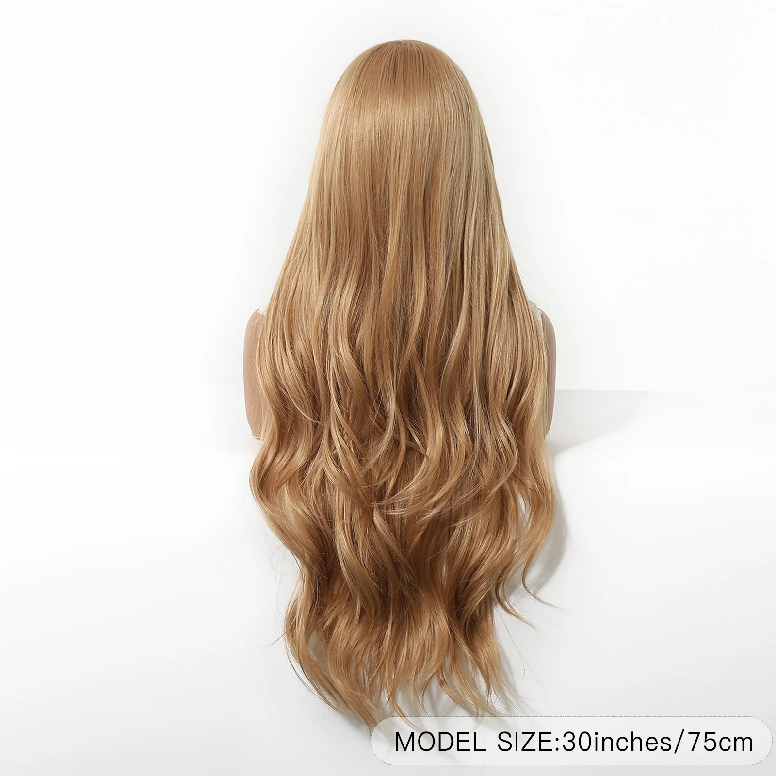 Long Golden Blonde Wave Synthetic Wigs with Bangs for Women Golden Brown Natural Cosplay Costume Daily Hair Wigs Heat Resistant image 4