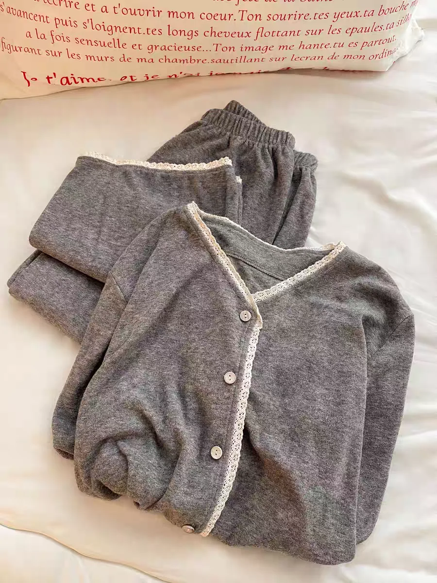 Comfortable Pure Cotton Sleepwear for Women with Lace Trim Long Sleeve Long Pants Home Clothes Autumn Season Soft Cotton Fabric