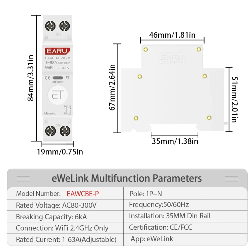 eWeLink WiFi Smart Circuit Breaker MCB 1P 63A Timer Power Energy kWh Voltage Current Meter Protector Voice Remote Control Switch