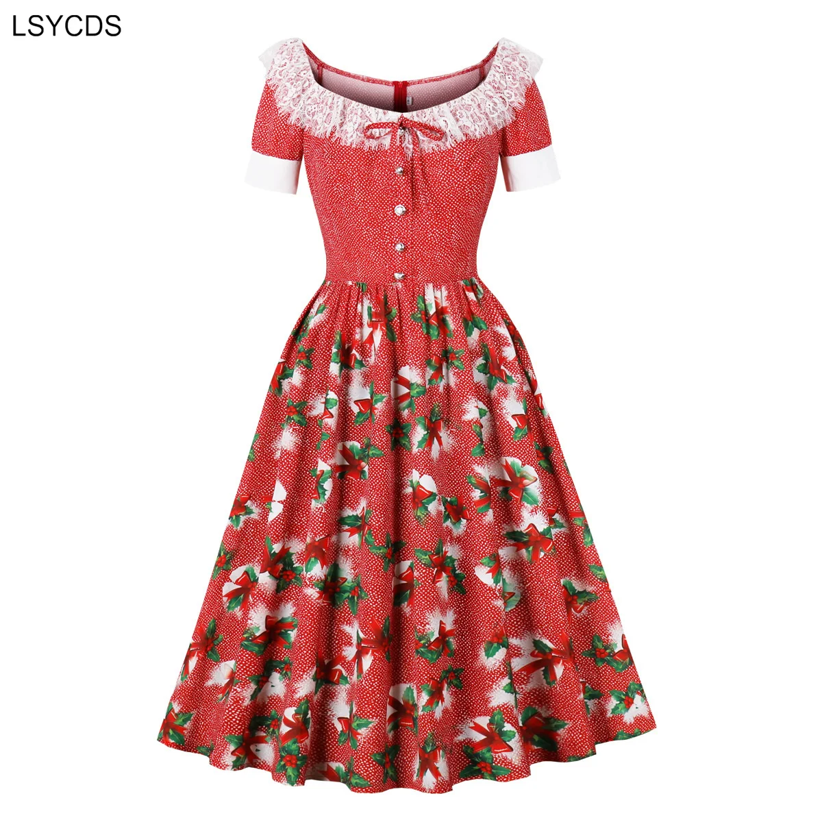 LSYCDS Women Elegant Christmas Dress Lace Detail Buttons Bow Front Red Floral Print Party Clothing Vintage Pleated Midi Dresses