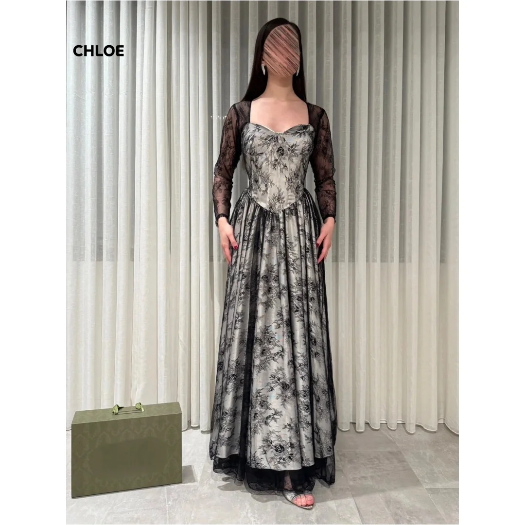 

Customized Woman Party Dresses for Special Occasions Long Sleeves Black Elegant Cocktail Dresses Square Collar Line A Prom Dress