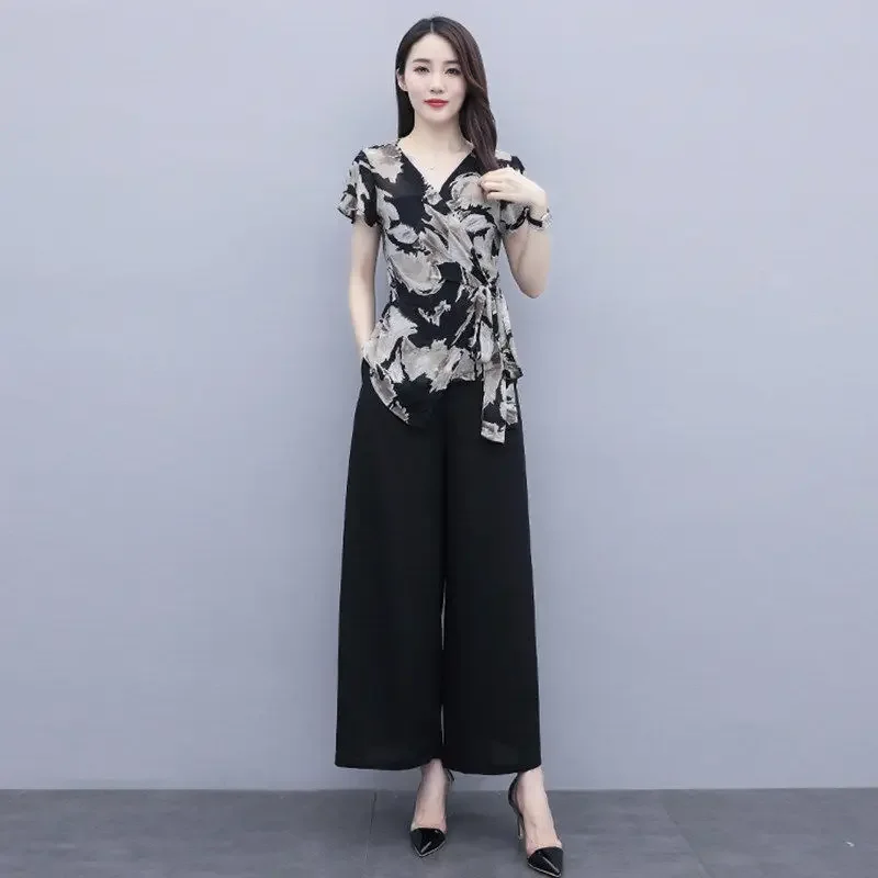 Wide Leg Pants Suits Female 2024 Summer New Two Piece Sets Womens Outfits Fashion Casual Chiffon Clothing Femme Mujer Y105