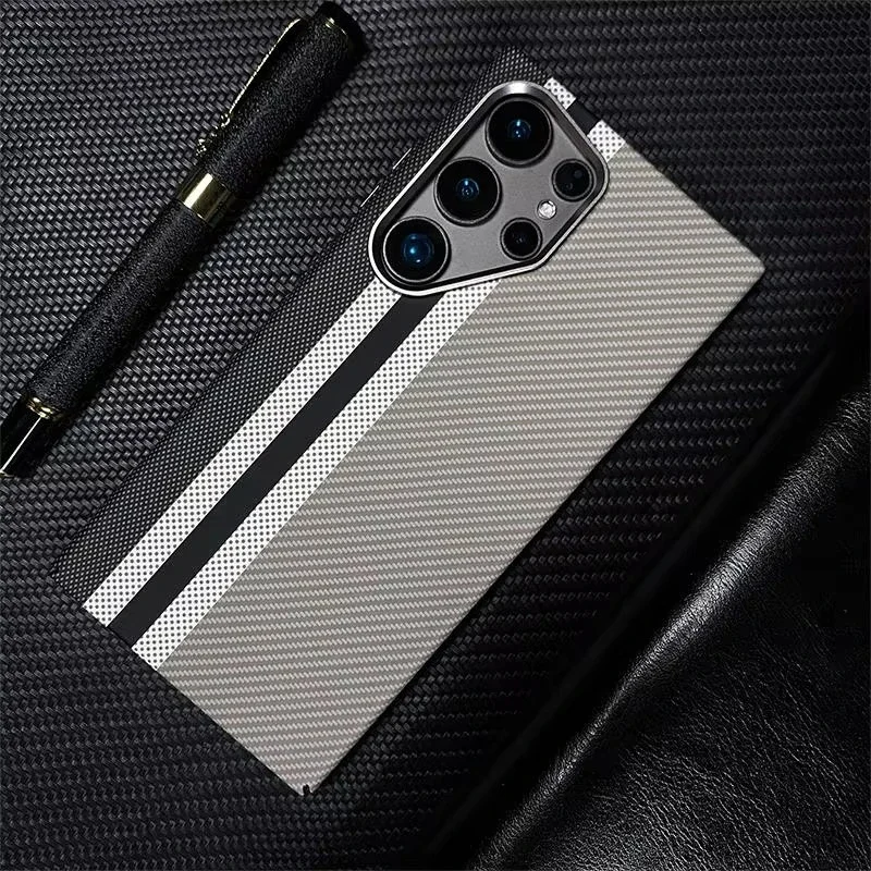 Luxury Kevlar Carbon Fiber Texture For Magsafe Case For Samsung S25 S24 Ultra S23 Plus Metal Camera Protect Wireles Charge Cover