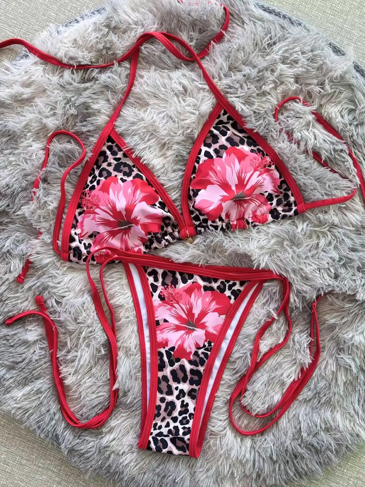 

sexy flower leopard print halter tie micro mini bikinis sets two pieces thong swimsuits beachwear bathing suit swimwear biquini