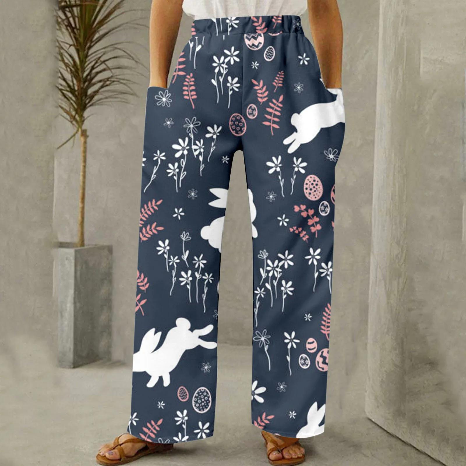 Pantalones de pierna ancha con estampado de huevos de Pascua para mujer, pantalón con bolsillo, cintura elástica, informal, vacaciones, Primavera, día de Pascua