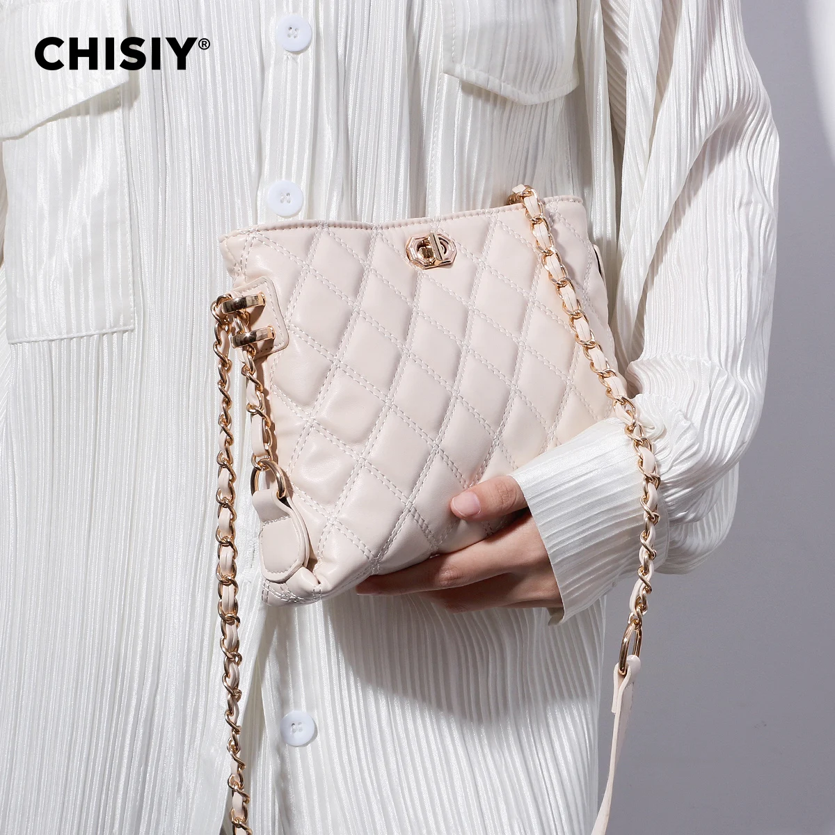 1pc Chisiy Original Handmade Diamond Pattern European Chain Shoulder Bag, Designed With Metallic Fastener, Pink Faux Leather