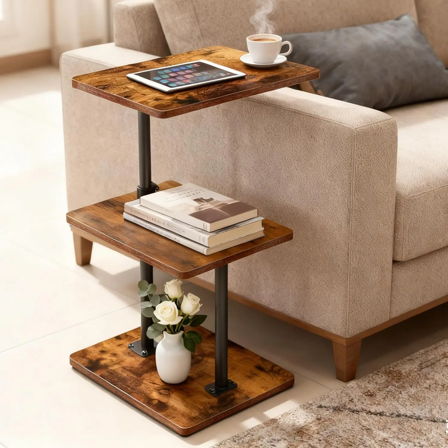 Swivel Side Table for Couch, 3 Tier Small End Table Adjustable Height with Rotatable Tray, Space Saving Nightstand with Stora