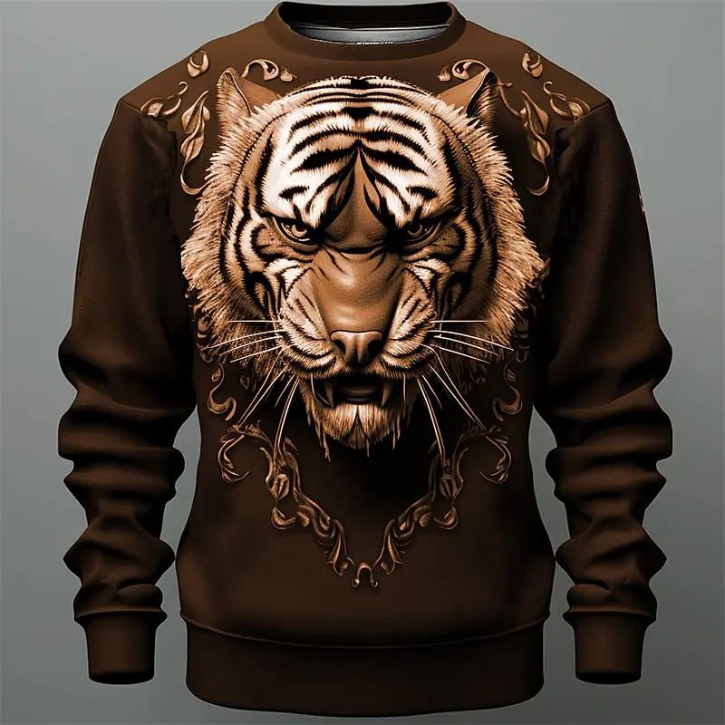 Autumn Fashion Hoodie Tiger Head Graffiti 3d Printing Oversized Loose Long Sleeve Round Neck Pullover Hip Hop Men Clothing