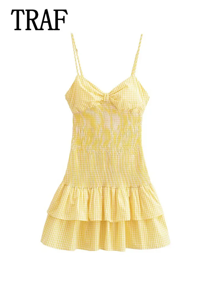 TRAF Women Plaid Mini Dress Fashion Yellow Sleeveless Bow Decorate Backless Dress Female Summer Beach Style Dresses