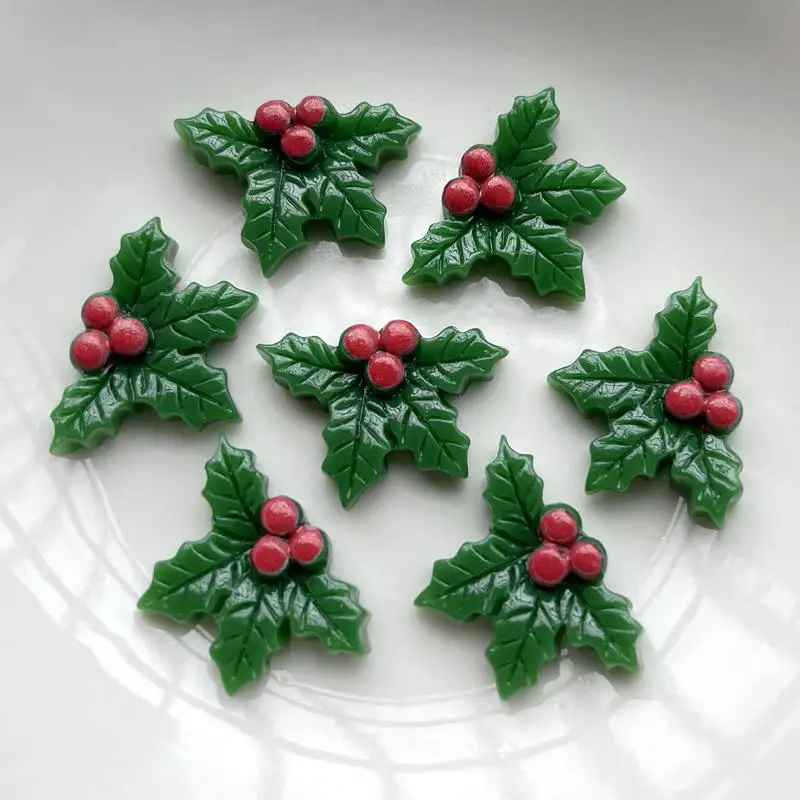 10pcs Resin Cute Christmas Holly Leaf Flat Back Cabochon Art Decoration Charm  resin flatback  25x19mm