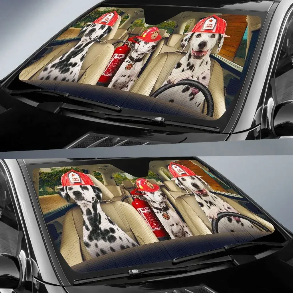 Funny Dalmatian Wearing Firefighter Hat Fire Extinguisher Driving Car Sunshade, Auto Sunshade for Firefighter Dog Lover,