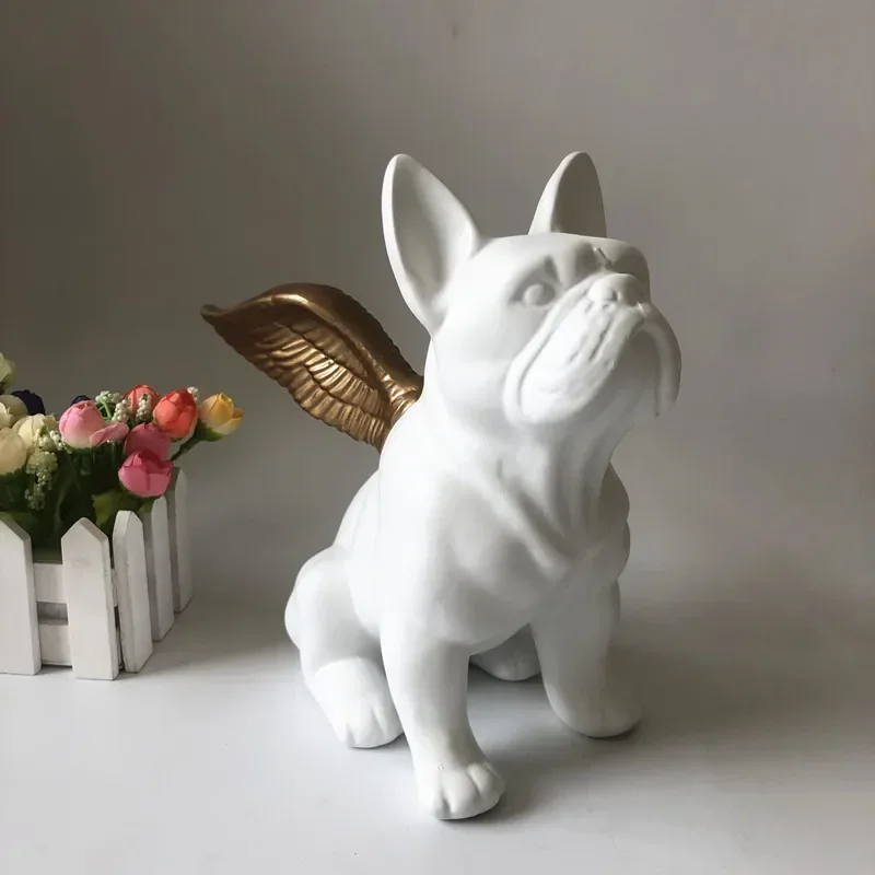 FRENCH BULLDOG STATUE ANIMALS GOLDEN WINGS BLACK DOG ART SCULPTURE CERAMICS CRAFT NORDIC MODERN HOME DECOR ORNAMENT